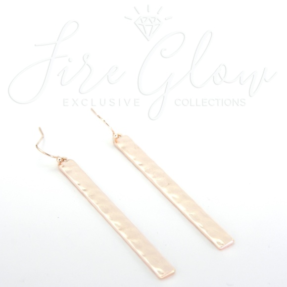 Rose Gold Tone Long Bar Hammered Metal Earrings - Picture 7 of 8